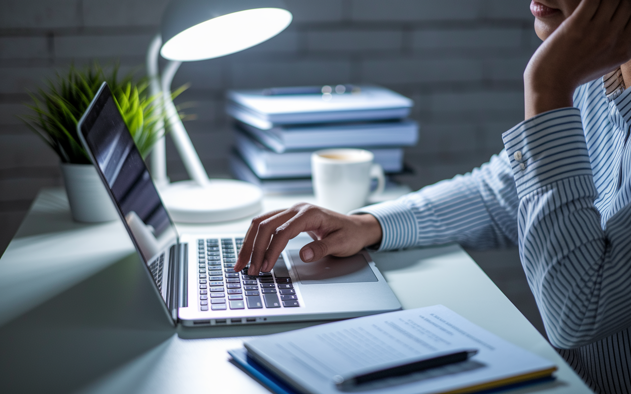 A close-up view of a thoughtful applicant composing a professional email on their laptop, addressing program coordinators after an interview. The desk is neat, featuring a plant and a cup of coffee, all under the soft glow of a desk lamp. The expression on the applicant's face reflects a mix of hope and caution as they carefully choose their words to convey gratitude and interest in the program. Important documents are organized neatly in the background, illustrating a well-prepared individual.