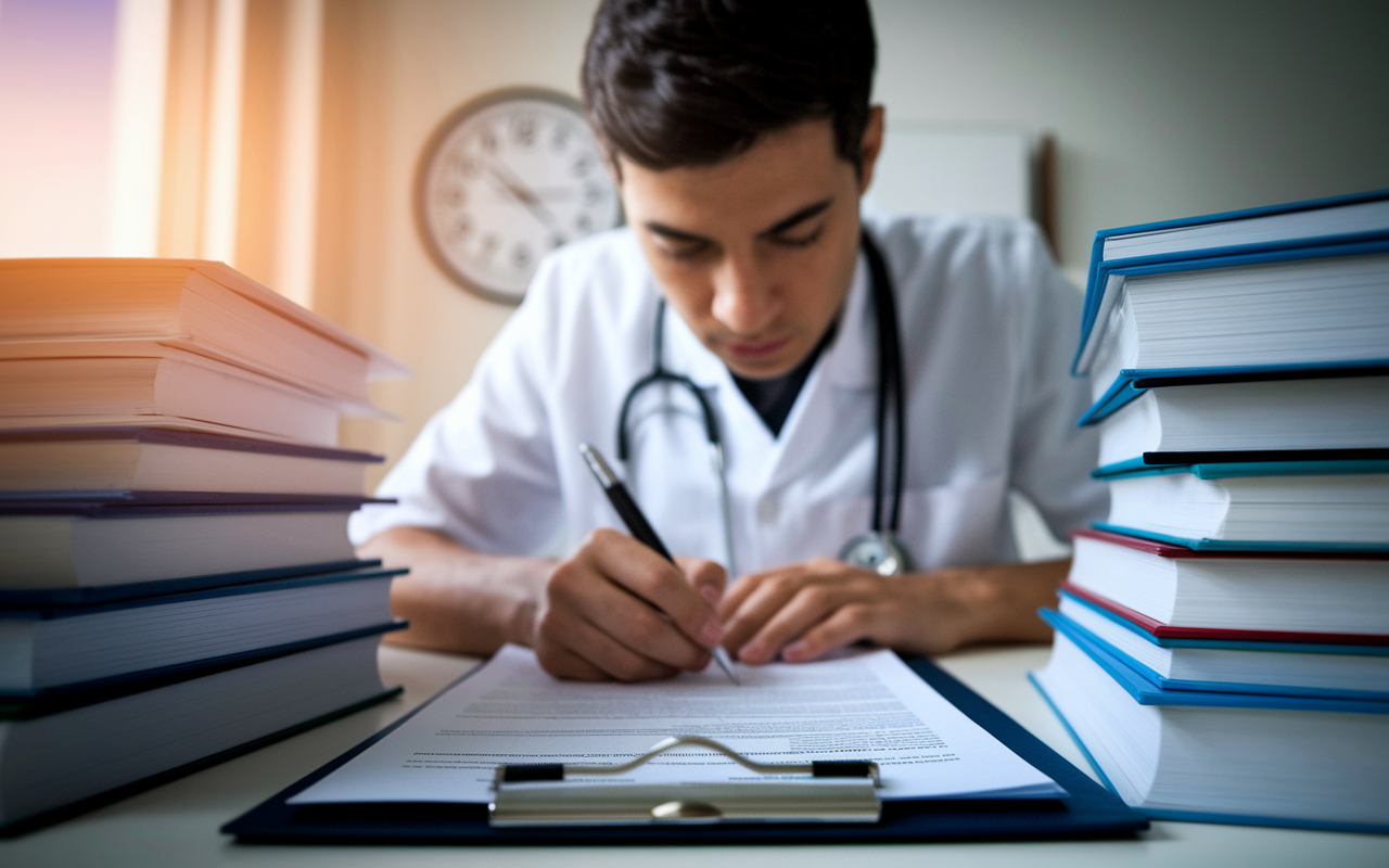 A close-up shot of a medical student preparing their residency application at a desk piled with medical books and papers, focused and determined. The background includes a clock highlighting a deadline approaching, with warm, soft lighting illuminating the student’s face, creating an atmosphere of urgency and dedication.