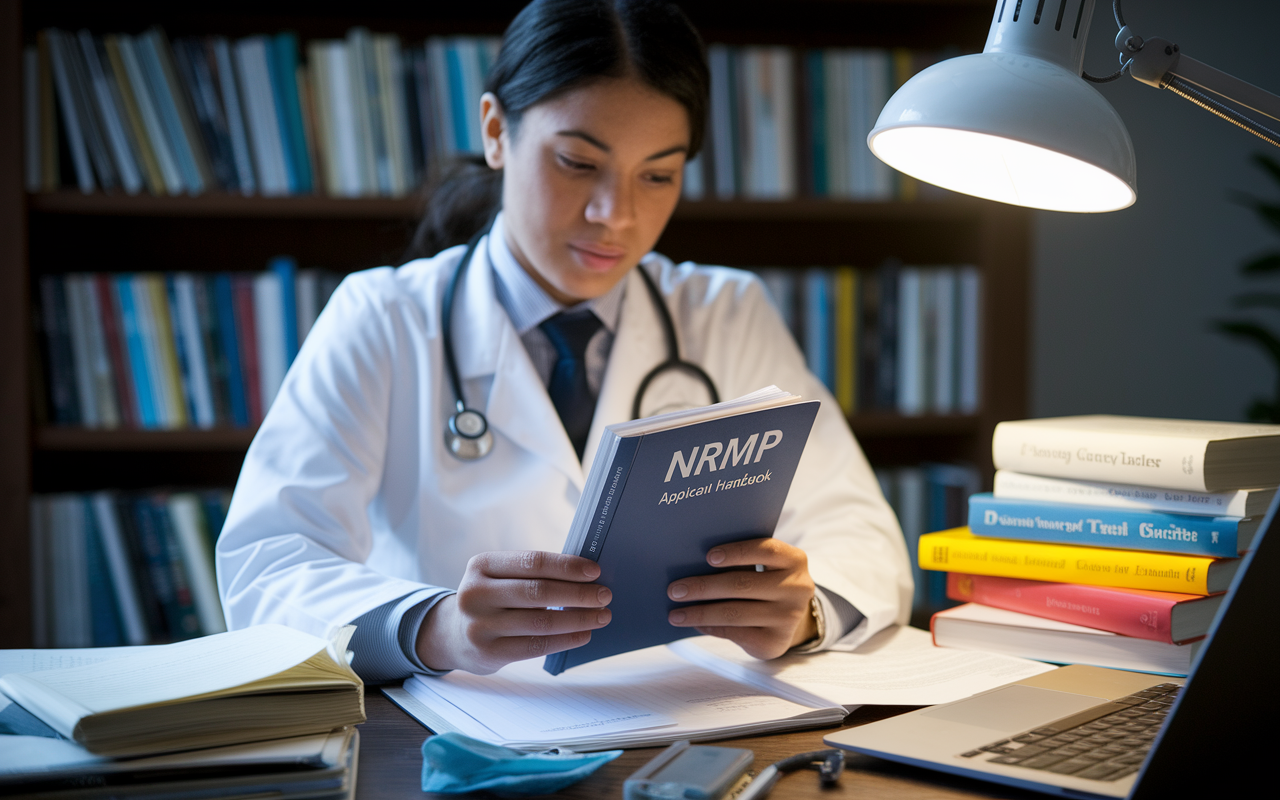 A medical student attentively reading the NRMP Applicant Handbook, surrounded by a cozy study space filled with textbooks, notes, and a laptop. The scene is captured with a warm and inviting glow from a desk lamp, emphasizing concentration and the importance of understanding guidelines.