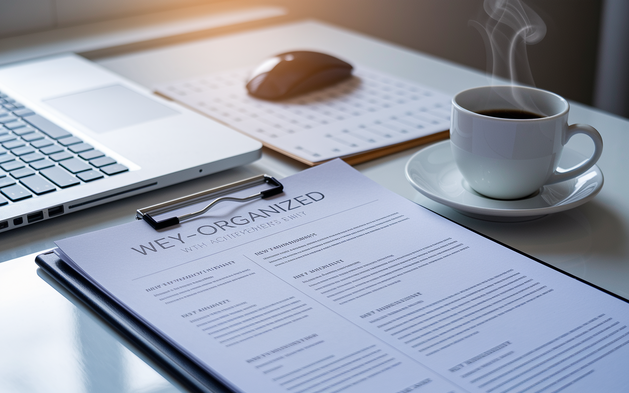 An image of a well-organized medical CV highlighted with key achievements, placed on a desk next to a laptop and a steaming cup of coffee. The scene focuses on the CV, emphasizing clarity, structure, and professionalism, with bright, natural lighting creating an optimistic ambiance.