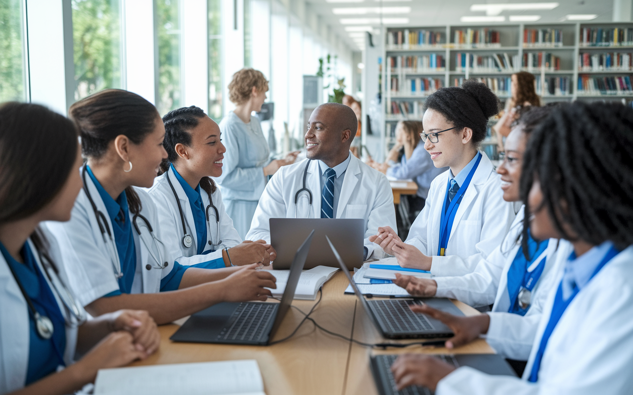 A group of diverse medical students sharing an engaging discussion about ethics in the match process, surrounded in a library with books and laptops open. The scene is bright and inspiring, emphasizing collaboration and learning with natural light filtering through the windows.