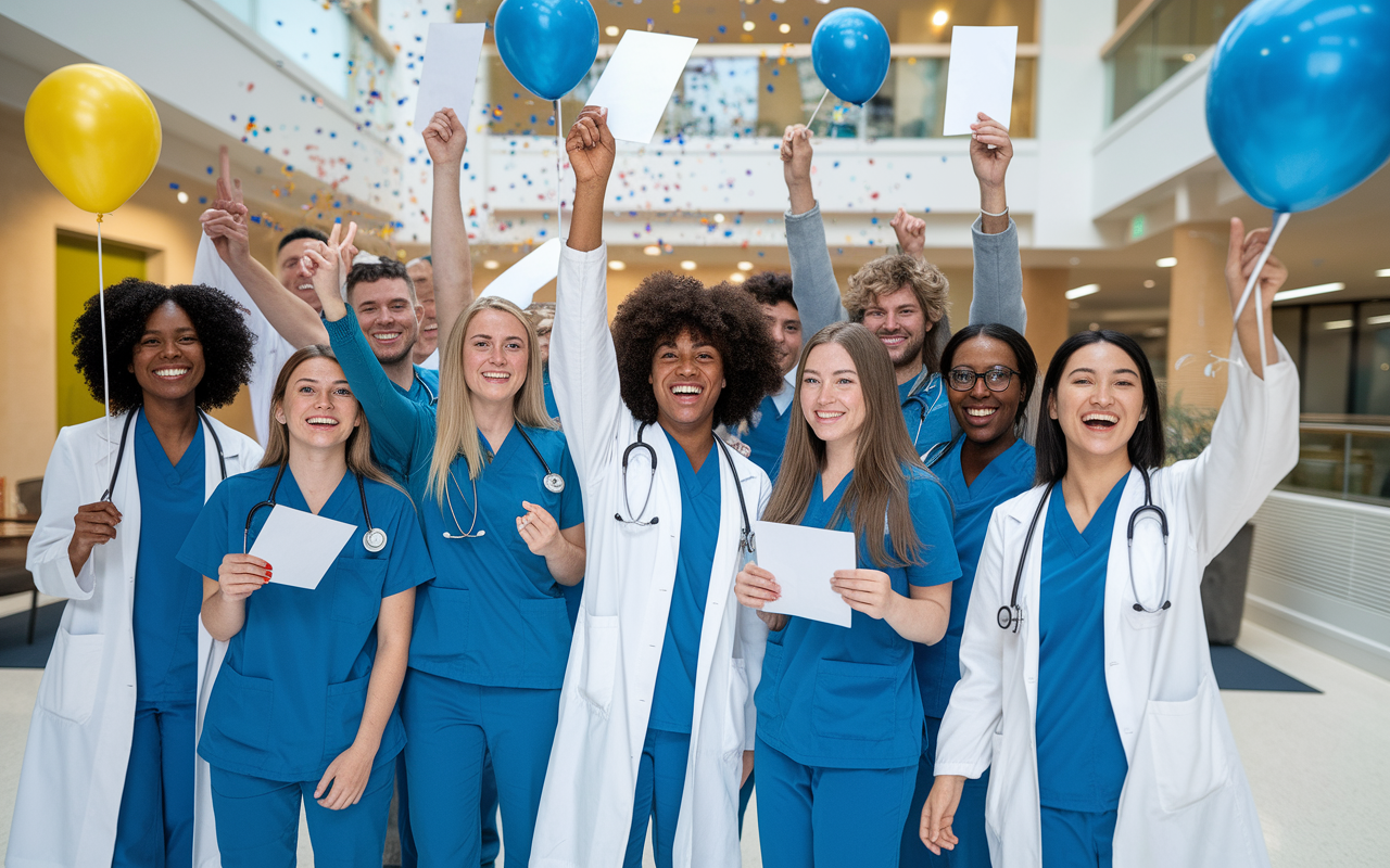 A joyful scene of a diverse group of young medical graduates celebrating their successful match results, raising their acceptance letters in a hospital environment with bright smiles. The atmosphere is filled with excitement and hope, with balloons and confetti in a brightly lit entrance lobby, symbolizing new beginnings.