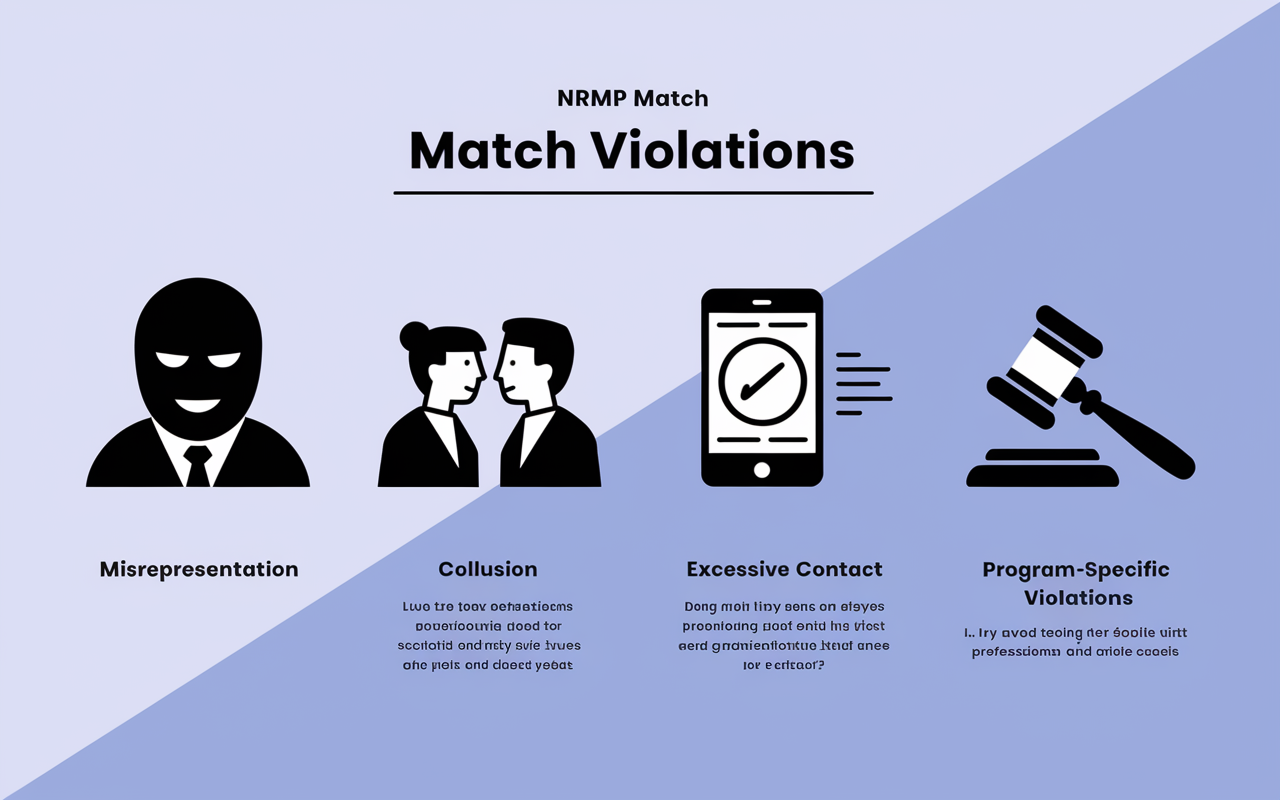 An informative infographic showing the four main categories of NRMP match violations, depicted with icons: a masked face for 'Misrepresentation', two people whispering for 'Collusion', a phone with a limit sign for 'Excessive Contact', and a gavel for 'Program-Specific Violations'. The background is a subtle gradient of blue to symbolize professionalism and trust, with clear labels and a modern design for easy reading.