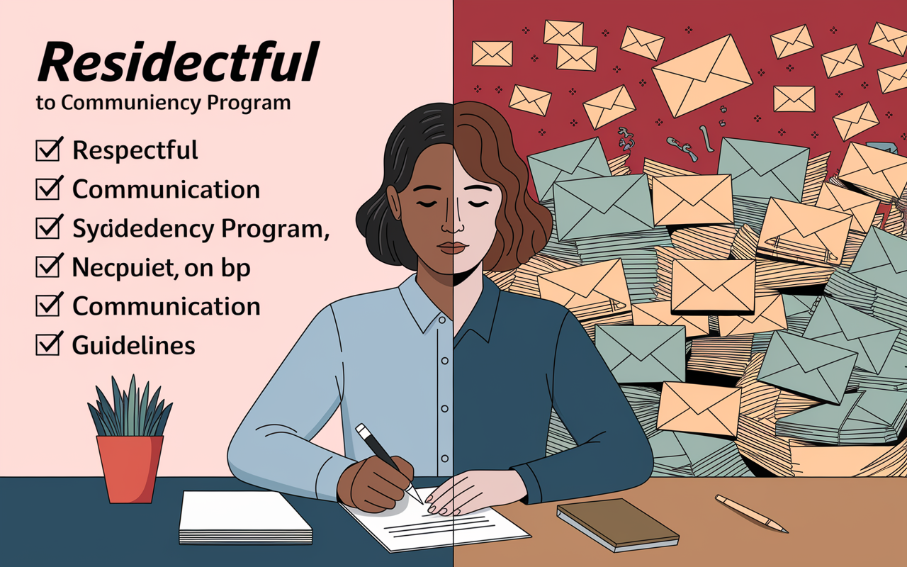 A split scene showing two scenarios: on the left, a respectful applicant writing a concise email to a residency program, with a checklist of communication guidelines in the background. On the right, a chaotic scene of excessive emails and phone calls piling up, representing the negative aspect of overwhelming communication. The first side has soft colors depicting calmness, while the second side is filled with red tones symbolizing stress.