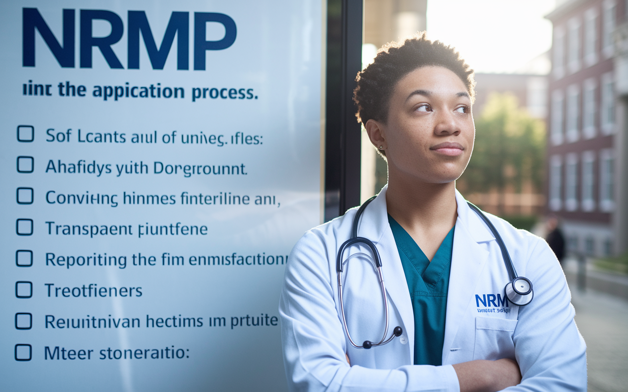 A calm and confident medical student standing in front of a NRMP poster, thoughtfully contemplating the significance of integrity in the application process. A checklist of reporting guidelines is visible in the foreground, symbolizing transparency with a serious yet hopeful demeanor. Soft lighting highlights the student, making them appear brave and responsible against a backdrop of university buildings to signify academic integrity.