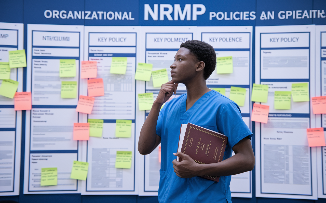 A detailed visual representation of a medical student standing in front of a large organizational board filled with NRMP policies and guidelines. The student appears thoughtful, holding a medical textbook under one arm, with sticky notes and highlighted sections visible in their other hand. The lighting is bright and focused, emphasizing the board's intricate details, including flowcharts and key policy documents. The scene captures the essence of diligence and commitment to understanding the complexities of the NRMP system.