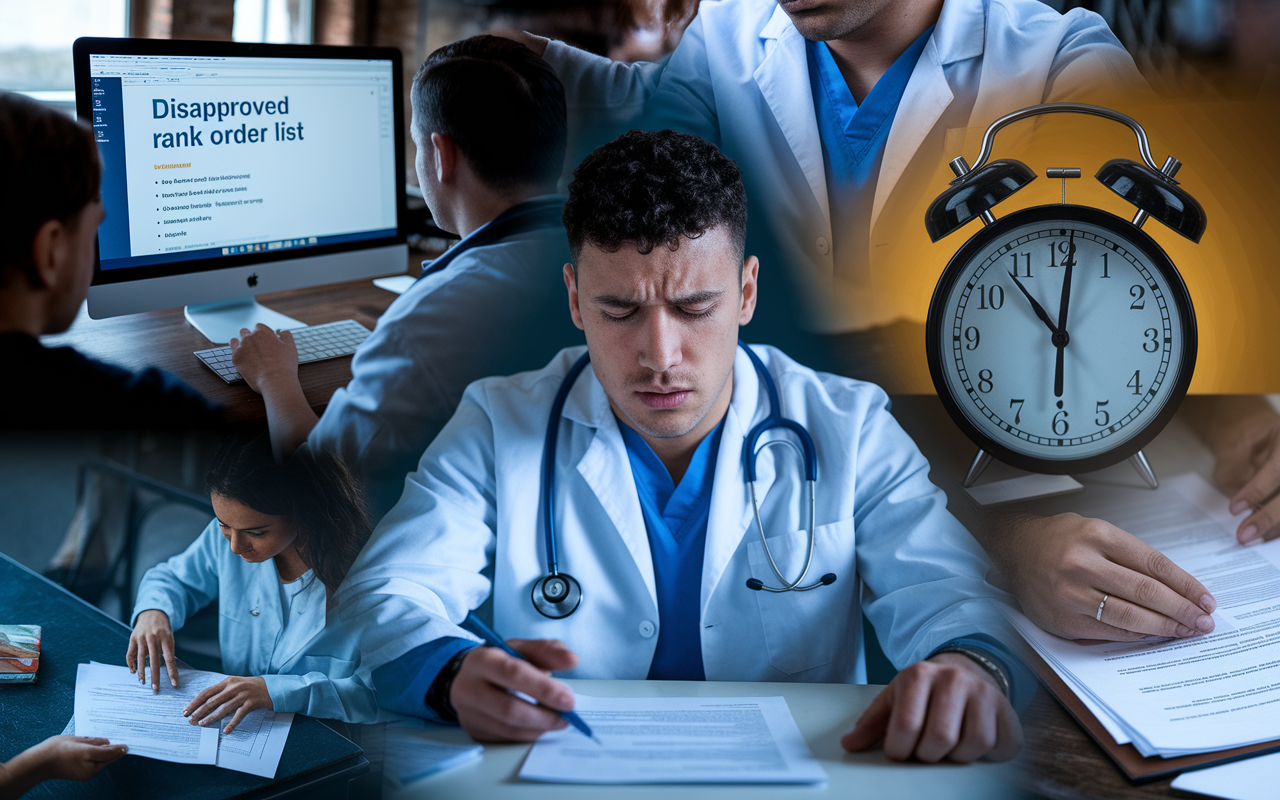 A collage showcasing various scenarios of medical students facing non-compliance issues. One image depicts a stressed student staring at a computer screen showing a disapproved rank order list, another shows someone frantically reading a document while a clock ticks loudly in the background, symbolizing time pressure. The overall mood is tense, with dramatic lighting underscoring the stressors of navigating NRMP policies. The images merge together seamlessly, representing the complexities and challenges applicants face.