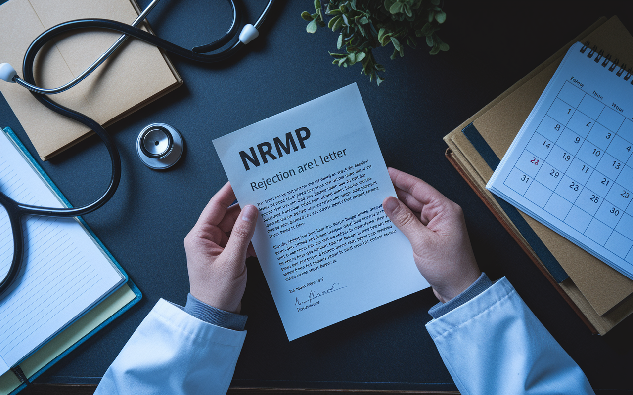 A dark scene depicting a distraught medical graduate receiving a rejection letter from the NRMP. Surrounding the individual are remnants of their medical studies—textbooks, a stethoscope, and a calendar marked with deadlines. The lighting is dim, casting shadows that emphasize the weight of disappointment and lost opportunities, highlighting the profound implications of non-compliance with match policies.