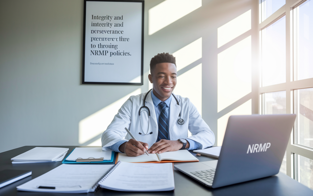 An encouraging scene of a medical student sitting at a modern study area with multiple resources open around them—documents, laptop with NRMP website, and a notepad with notes. The student radiates determination and focus, with bright natural light pouring in through a window, symbolizing hope and a proactive approach to understanding NRMP policies. A motivational quote about integrity and perseverance hangs framed on the wall, reinforcing the theme of commitment.