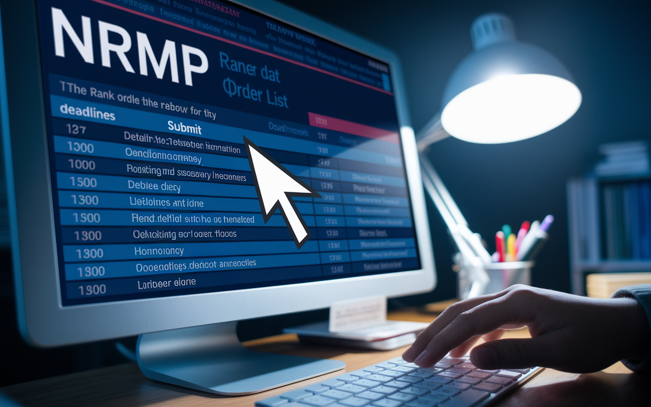 A close-up of a computer screen displaying the NRMP application interface, with a cursor hovering over the 'Submit' button for the Rank Order List. The screen filled with detailed entries, deadlines highlighted, and reminders. A student's hand positioned on the keyboard, signifying anticipation and seriousness in submitting vital information. The room is dimly lit with a desk lamp, creating an atmosphere of urgency and focus.