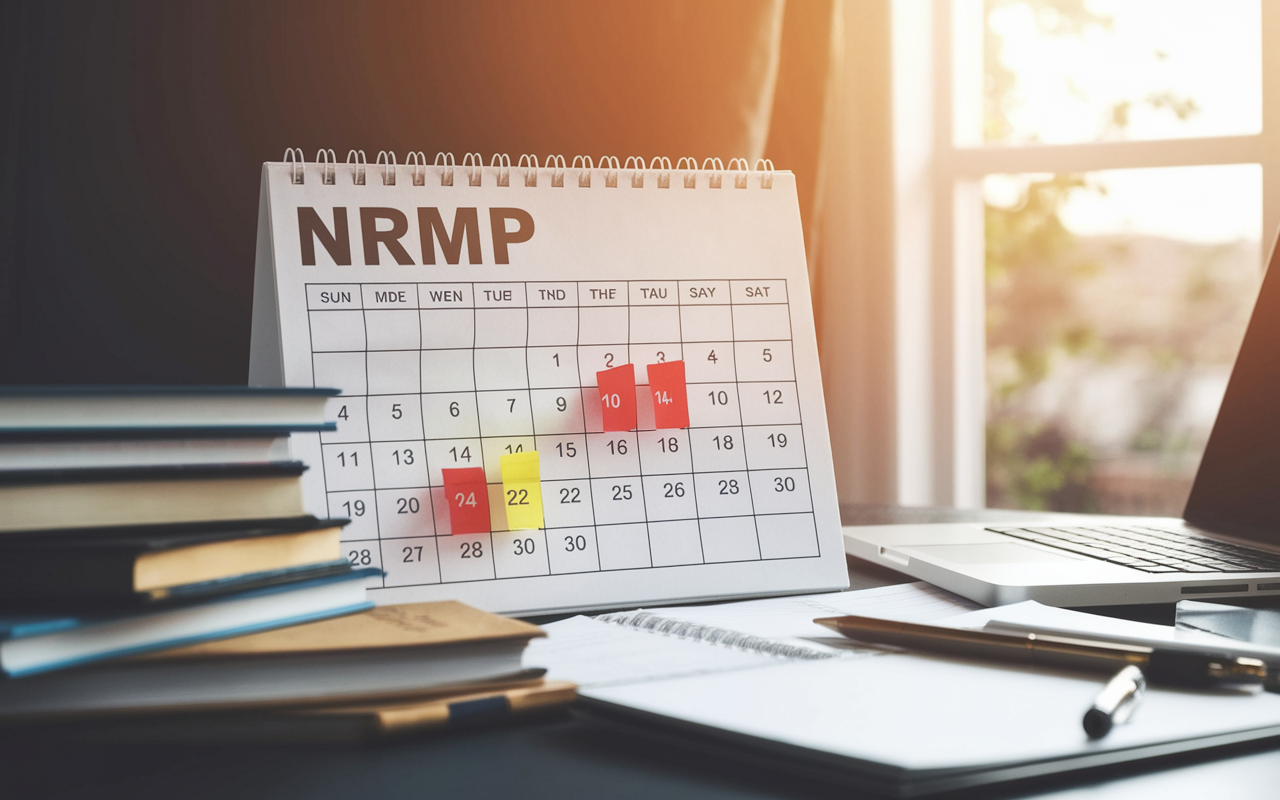 A detailed calendar showing critical dates for the NRMP matching process, with bright markers indicating deadlines for registration and submission. The calendar is on a desk cluttered with medical textbooks and a laptop, reflecting the intense preparation period. Warm light from a nearby window casts soft shadows, enhancing the significance of these important dates.