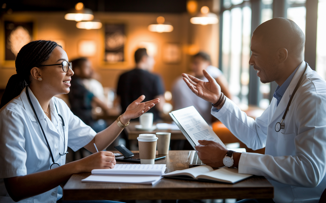 A supportive mentoring session taking place in a well-lit coffee shop, where a medical student is discussing their Rank Order List with a seasoned physician. The mentor is gesturing toward notes and laptops, while the student listens attentively, surrounded by coffee cups and books. The warm ambiance conveys a sense of encouragement and collaboration.