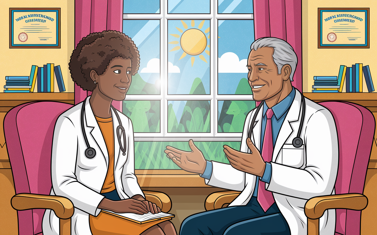 A scene depicting a diverse medical student sitting with a seasoned physician in a cozy office setting, engaged in a mentorship conversation. The student looks eager and attentive, while the physician shares insights with a warm smile. The office is adorned with medical books and certificates, with a window showing a sunny day outside, symbolizing hope and guidance. The colors are warm, creating an inviting and supportive atmosphere, emphasizing the importance of mentorship in medical fields.