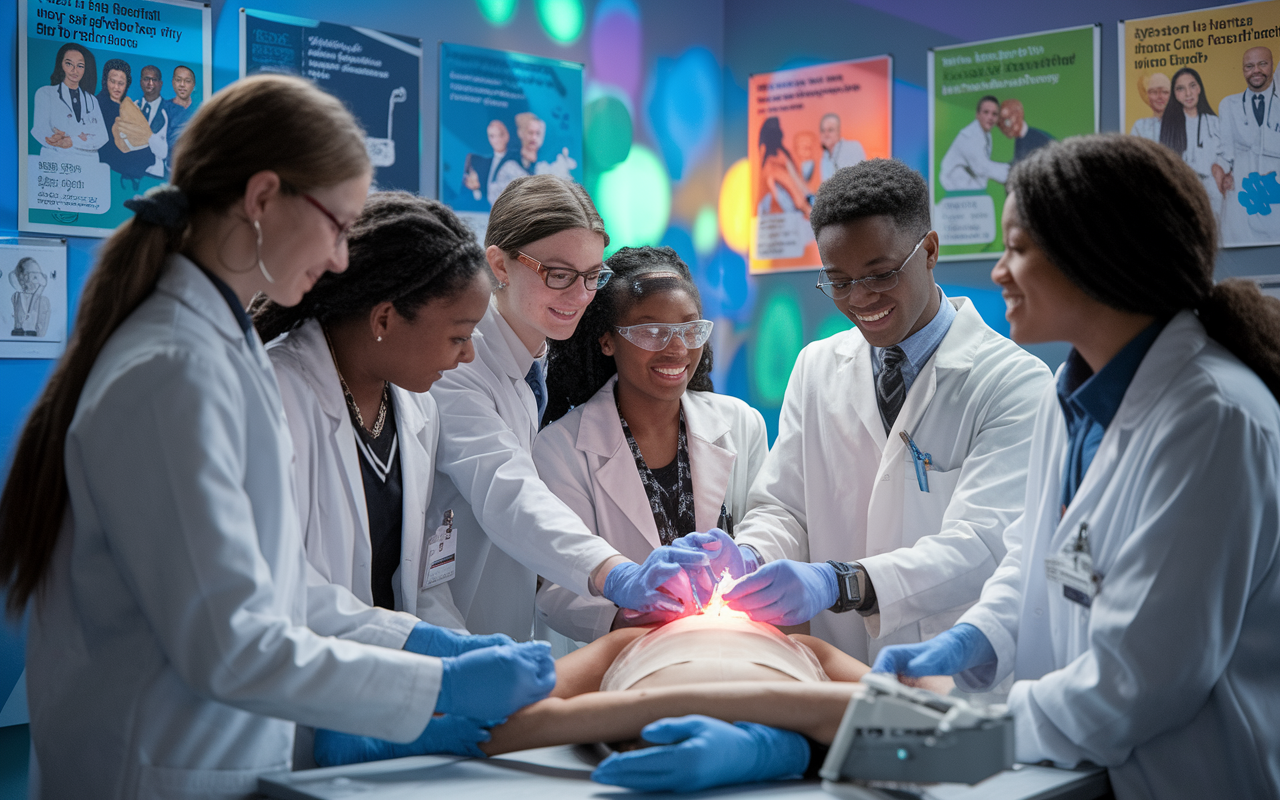 A dynamic and engaging workshop scene where high school students participate in hands-on medical simulations, wearing lab coats and playful expressions of curiosity. A mentor demonstrates a procedure, while others gather around to observe closely. The environment is lively, with posters about health careers and diversity in medicine adorning the walls. Soft, inspirational lighting creates a sense of excitement and exploration, conveying a message of opportunity and empowerment.