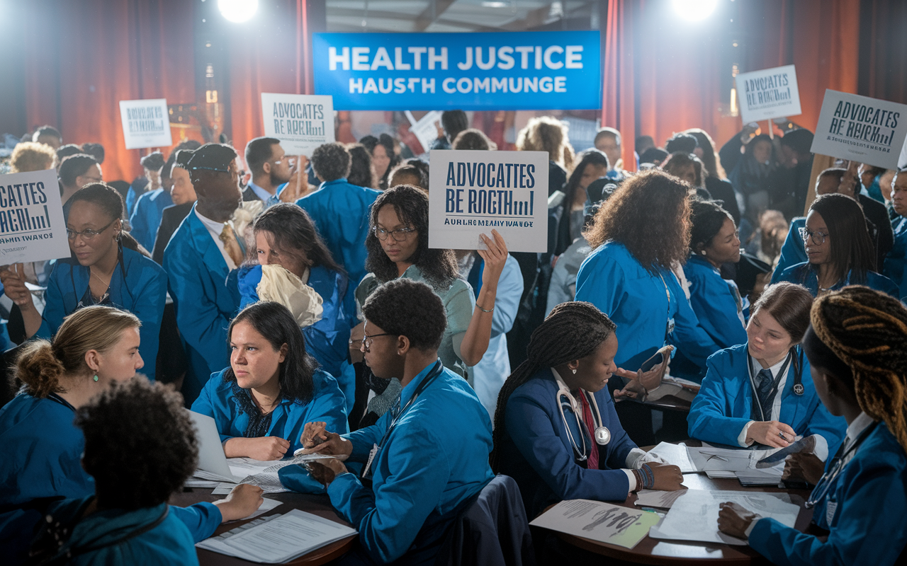 A powerful scene showing a diverse group of medical students and healthcare advocates passionately engaging in a legislative summit, with signs advocating for health equity. The atmosphere is earnest and focused, filled with discussions and networking. Soft overhead lighting illuminates the room, highlighting the seriousness of the topics being discussed and the determination on the faces of the attendees. A backdrop of a banner promoting health justice symbolizes hope and commitment to change.