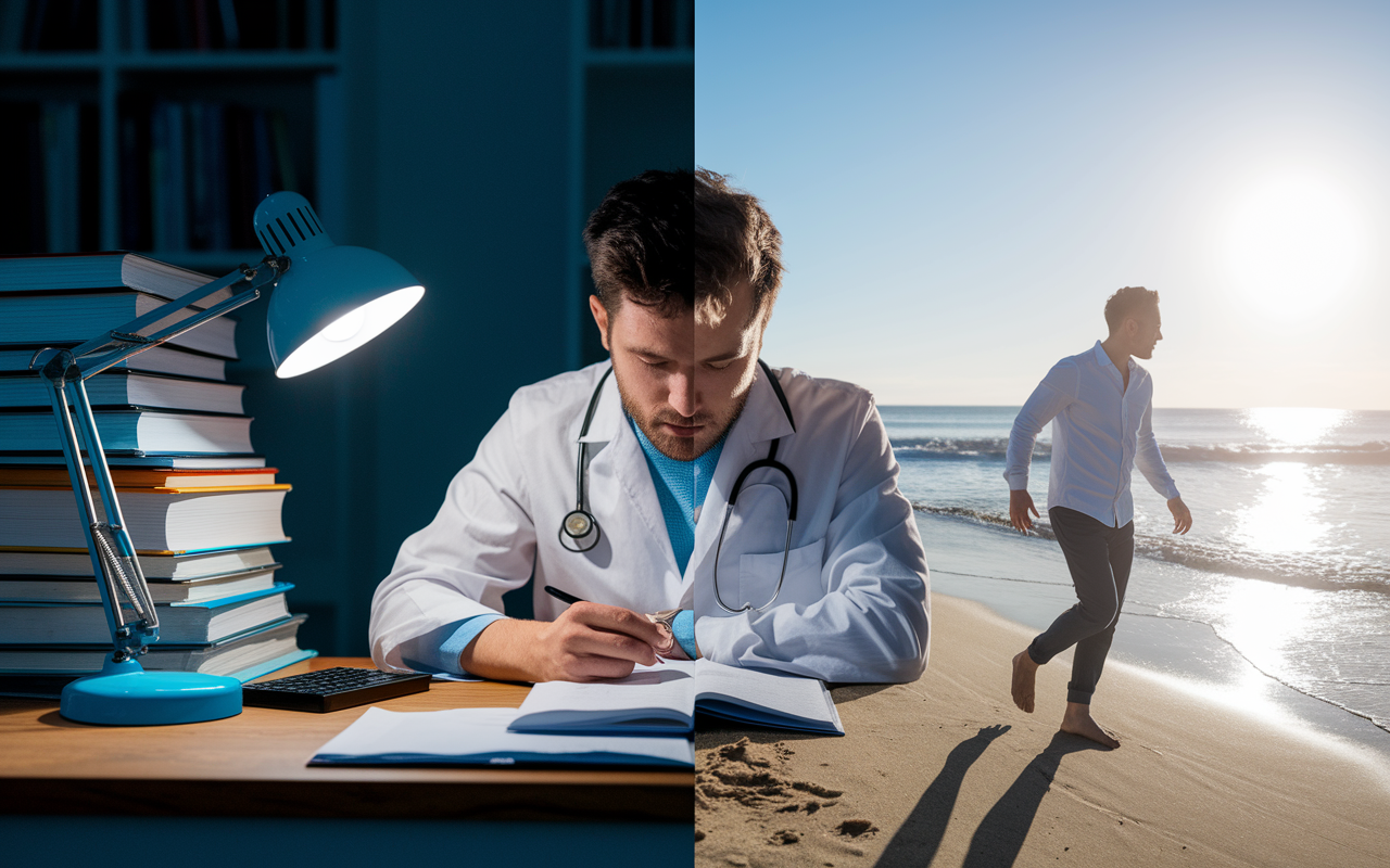 A split scene showcasing the lifestyle of a locum tenens medical professional. On one side, an exhausted doctor sits at a coffee-stained desk piled high with medical textbooks, studying late at night illuminated by a desk lamp. On the other side, the same doctor is exploring a sunny beach, enjoying freedom. This juxtaposition highlights the dual life of high income during work and leisure during potential off periods, capturing the essence of work-life balance.