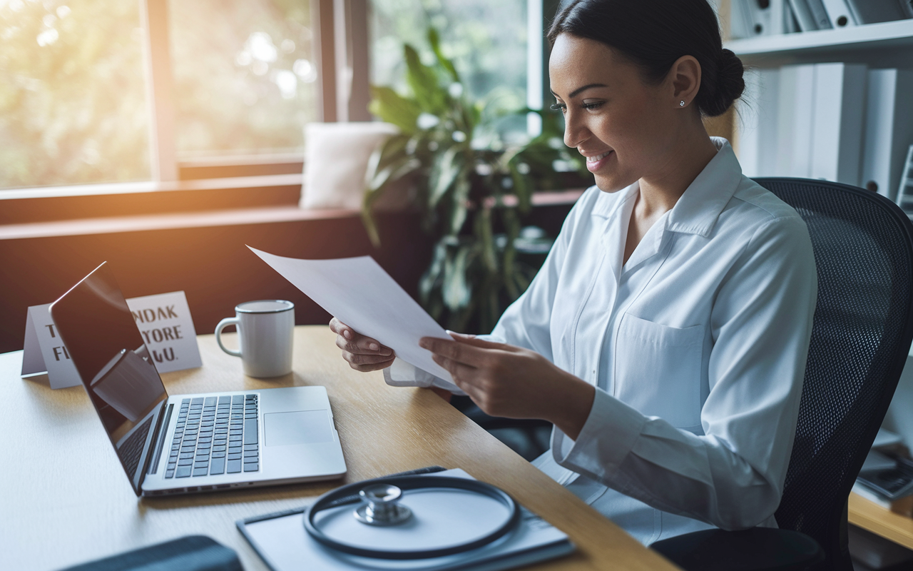 A health professional sitting in an office, reviewing a job offer on a laptop, wearing a satisfied expression. On the desk are multiple essential items: a stethoscope, a coffee mug, and a 'thank you' card from a past patient. The warm environment and flooded natural light create an atmosphere of hope and potential, symbolizing the journey from temporary work to permanent placement.