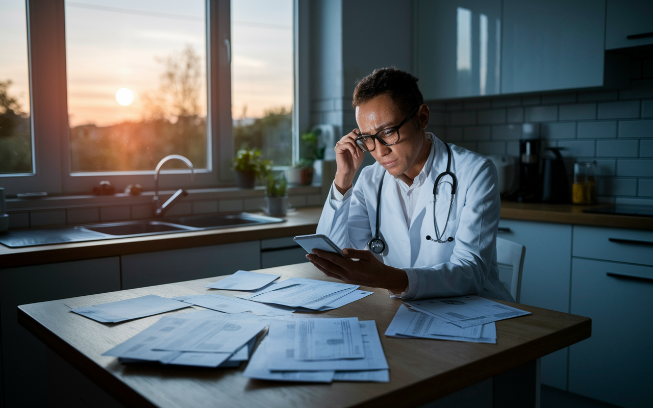 A doctor sitting at a kitchen table, surrounded by bills and financial documents looking worried as they check their phone for job availability. A faint sunset glowing through the window adds a melancholic tone, showcasing the emotional struggle with income instability in locum tenens work. The scene captures the difficulty of balancing finances as a healthcare professional.