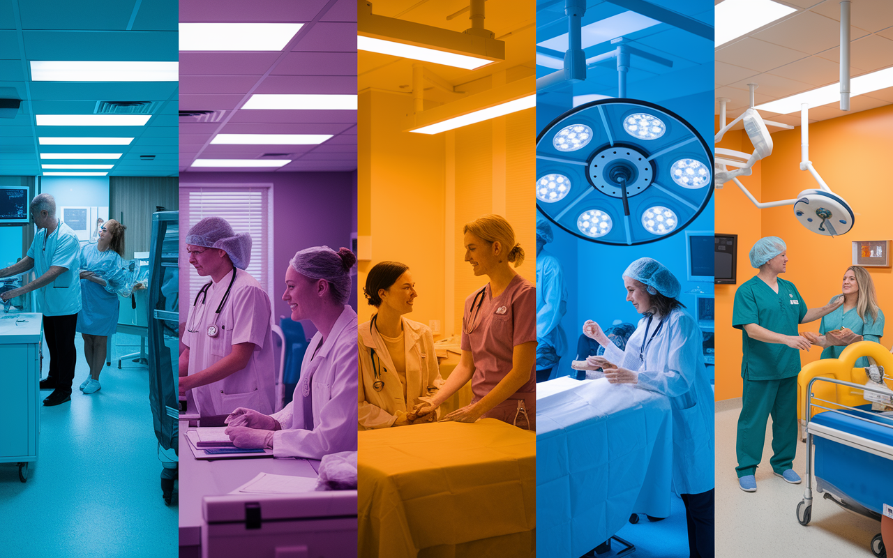 A vibrant collage showing various healthcare settings: an emergency room bustling with activity, a serene family practice with a warm atmosphere, an urban psychiatry clinic, an operating room featuring anesthesiology work, and a pediatrics unit filled with playful colors. Each scene reflects diverse medical specialties and enthusiastic healthcare workers interacting with patients, under warm fluorescent lighting. The montage symbolizes the variety of experiences in locum tenens work.