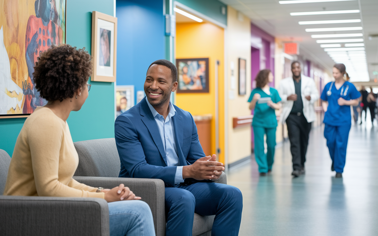 A confident psychiatrist engaged in a dynamic therapy session in an urban clinic, interacting with a diverse patient population. The environment is bright and welcoming, showcasing artwork on the walls. In the background, a hospital corridor bustling with healthcare professionals highlights the variety of experiences. Emphasize the warmth of the colors and details of the surrounding office atmosphere.