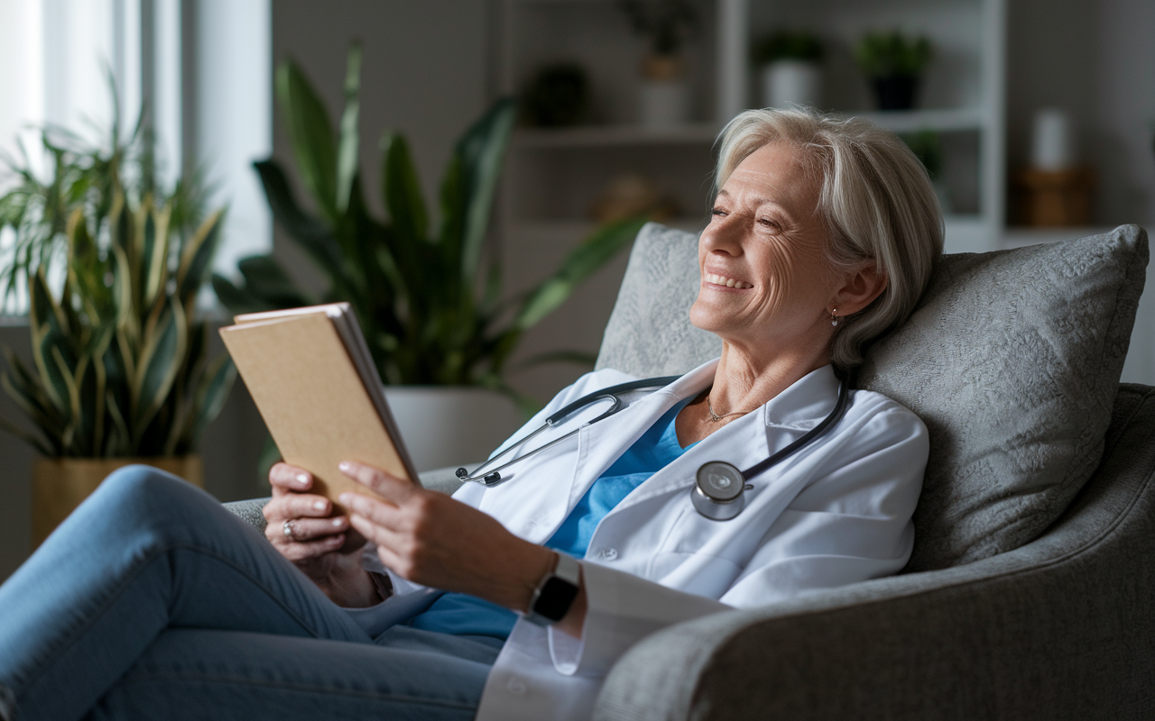 An internal medicine physician, Dr. Susan, lounging comfortably at home after work, with a book in hand and a smile on her face. The room is softly lit with plants in the background, suggesting a cozy and relaxed atmosphere. This scene captures the essence of work-life balance as she enjoys time away from work, reflecting peace and contentment. The overall mood conveys relaxation and a break from stress.