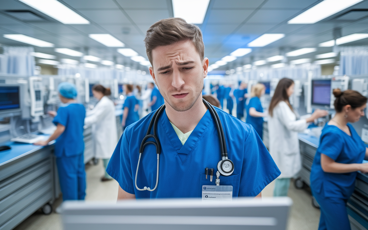 A young anesthesiologist, Dr. Mark, looking slightly perplexed while checking a new electronic health record (EHR) system in a busy hospital setting. The background shows medical staff engaging with patients and technology, illustrating a dynamic workflow. Emphasize Dr. Mark’s focus and expressions of challenge while adapting, portraying the stress of quickly adjusting to new protocols amidst an energetic atmosphere.