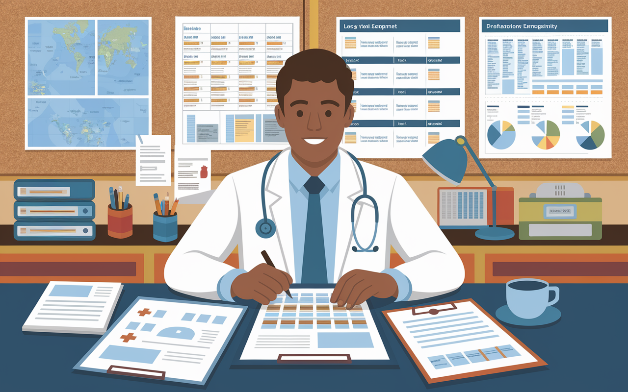 An informative illustration depicting a locum tenens provider at a desk reviewing medical charts and schedules. The setting includes a corkboard pinboard filled with maps showcasing different work locations, medical equipment, and demographic charts detailing various healthcare settings. Warm, inviting lighting conveys a sense of busy productivity and professional engagement.