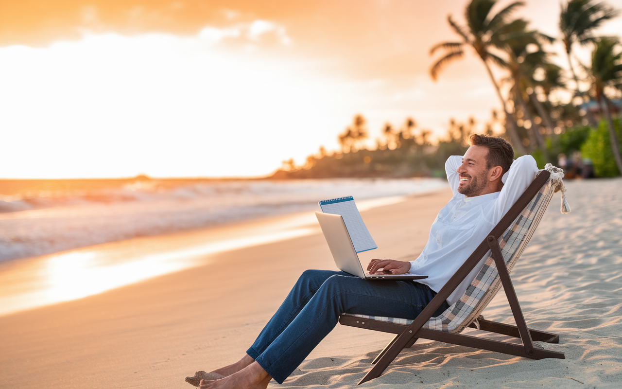 A happy locum tenens physician on a beach at sunset, holding a laptop and schedule while relaxing on a beach chair. The ocean waves are gently rolling in the background, and palm trees sway in a warm breeze. The warm golden hour light casts a serene and peaceful atmosphere, representing work-life balance and the freedom of choice.