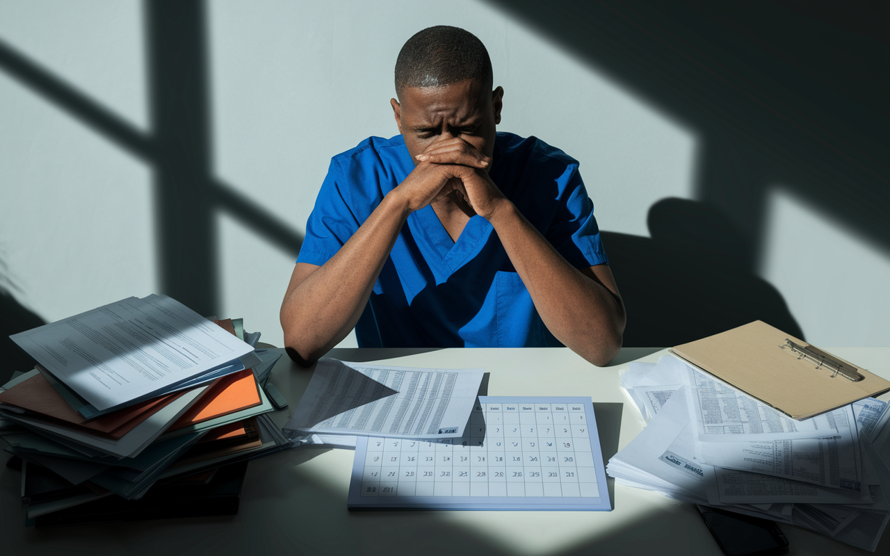 A concerned healthcare professional sitting at a desk piled with paperwork and bills, looking thoughtfully at a calendar with fluctuating job assignments. Shadows cast by an overhead light create a somber atmosphere, emphasizing feelings of uncertainty and stress related to job security in the locum tenens role.