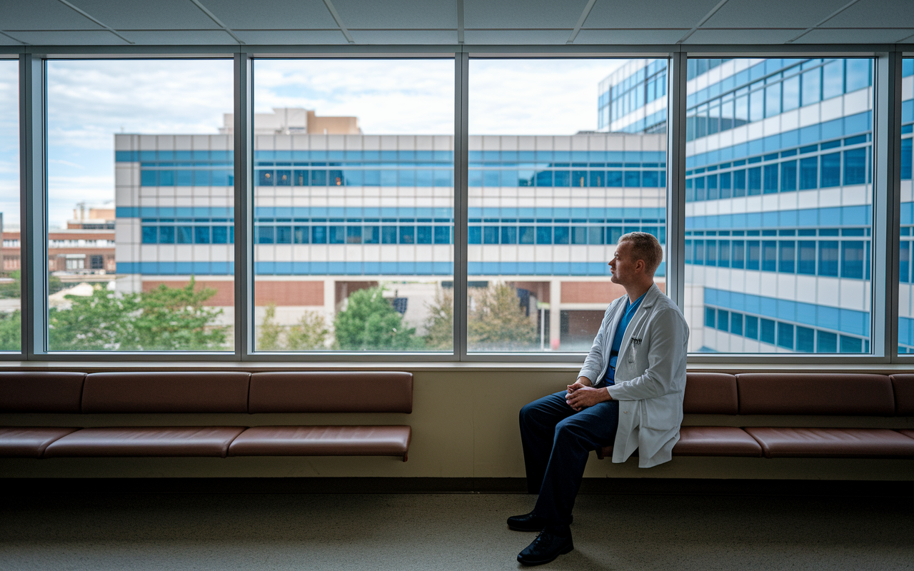 A lone locum tenens provider in a hospital break room, gazing out of a window, appearing contemplative and somewhat isolated. The surrounding area shows a vibrant, busy hospital scene outside, but inside the room, the atmosphere is quiet, highlighting feelings of disconnection and the challenges of building relationships in temporary roles.