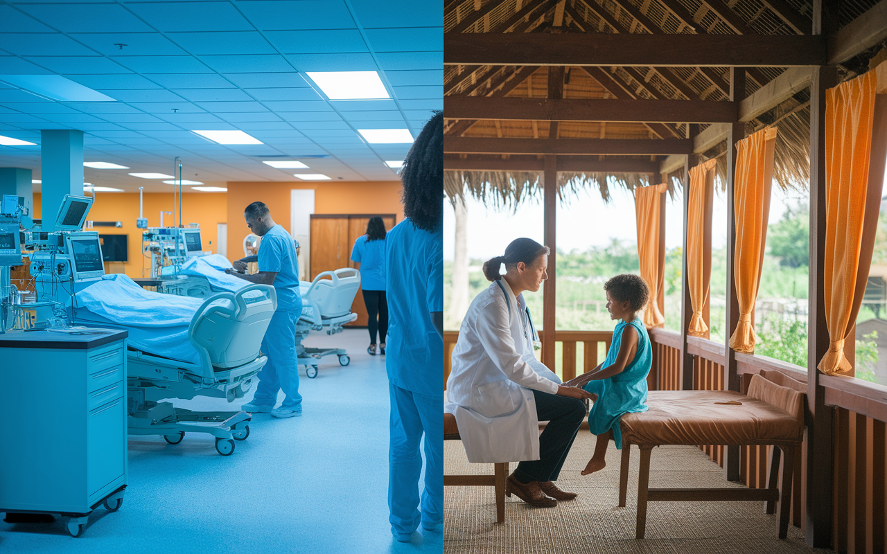 A split scene showcasing a vibrant urban hospital environment on one side with busy healthcare workers and advanced medical equipment, and a quiet rural clinic on the other side with a physician treating a child in a serene setting. The contrast highlights the variety of experience that locum tenens professionals encounter. Bright colors in the urban setting signify energy, while warm tones in the rural setting evoke a caring atmosphere. Carefully organized details, emphasizing adaptability, and the distinctive work culture.