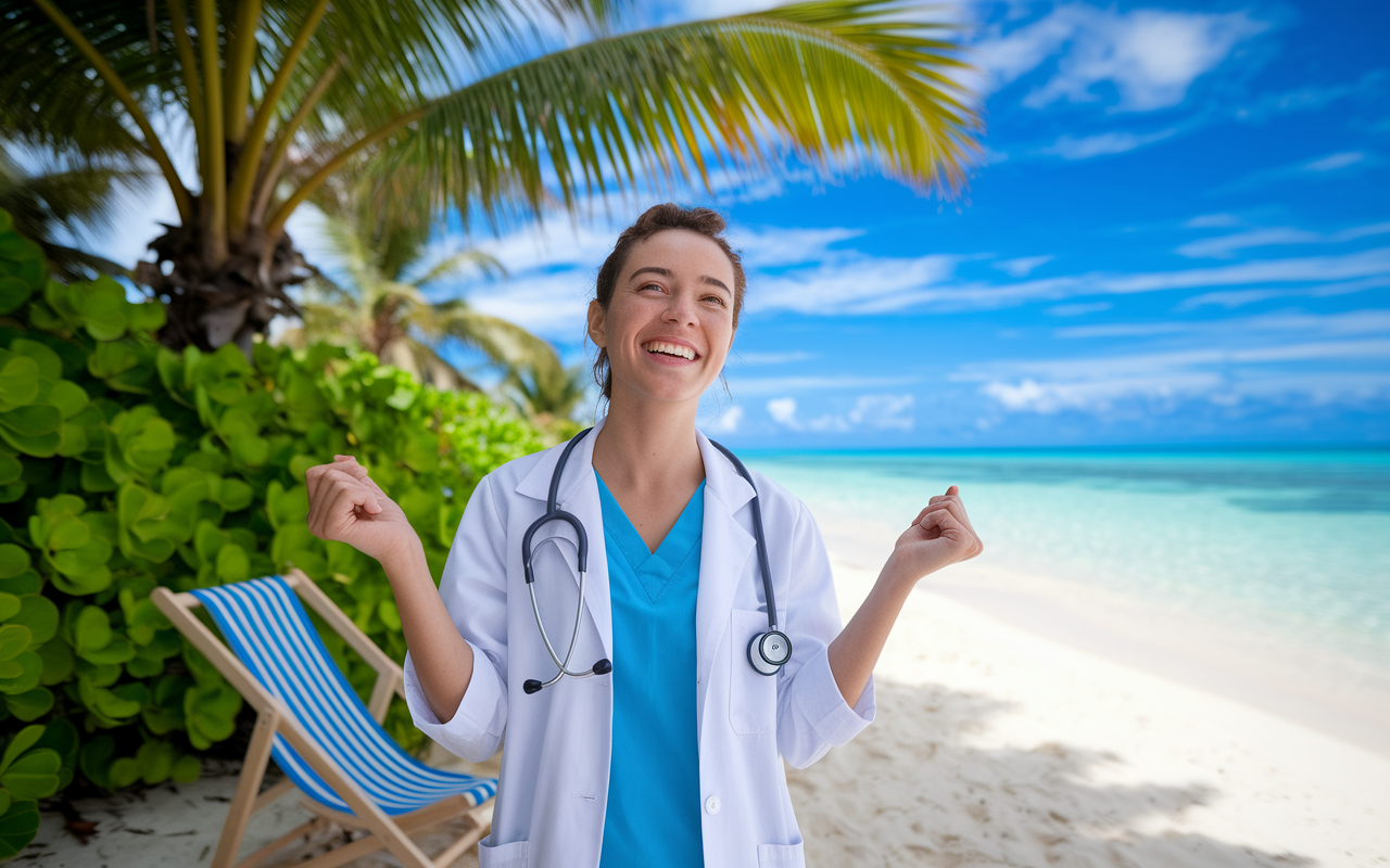 A vibrant scene of a physician enjoying a sunny summer day on a beach, standing with a stethoscope in hand, with tropical plants in the background. She smiles, showing the joy that comes from the flexibility of locum work, surrounded by elements like a beach chair and a cool drink. The bright blue sky and crystal clear ocean create a feeling of freedom and relaxation, contrasting the rigorous nature of medical work. A sense of personal fulfillment is palpable in the air.