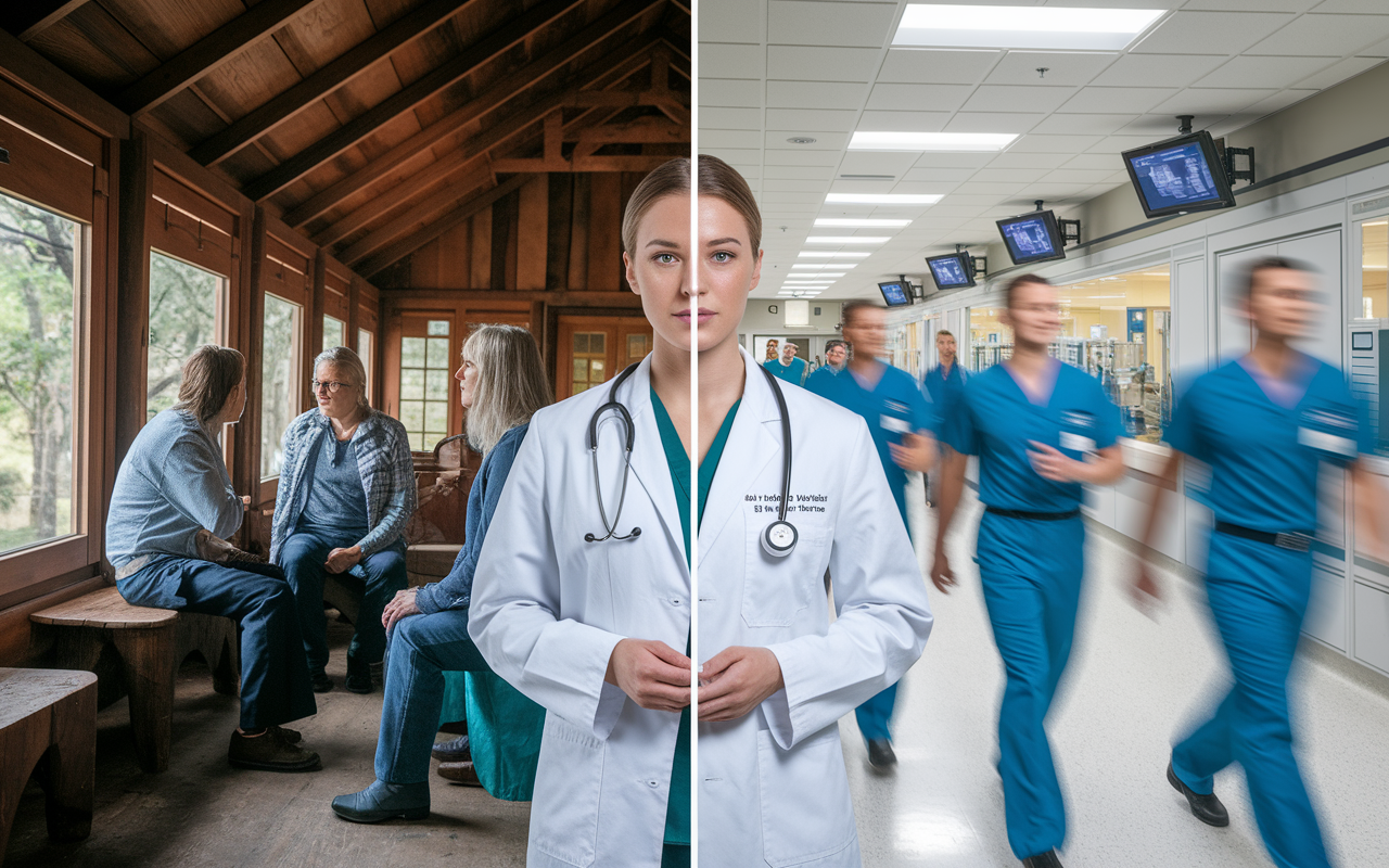 A side-by-side image of a locum physician in two contrasting work environments: one half depicts a calm and intimate rural clinic with natural wooden features, where the physician discusses care with local patients, while the other half shows a bustling urban hospital packed with high-tech equipment and staff in scrubs rushing by. Dreams of navigating different healthcare cultures, showcasing the challenges in adjusting to both.