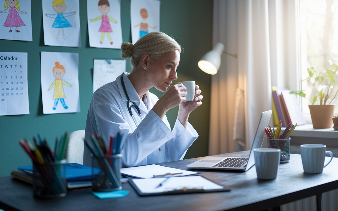 A physician in a cozy home office, surrounded by children’s drawings on the wall, working on a laptop while sipping coffee. The scene conveys a sense of balance between work and family life, with a calendar visible showing flexible working hours. Soft morning light filters through the window, creating an inviting and warm atmosphere, illustrating the joys of locum tenens.