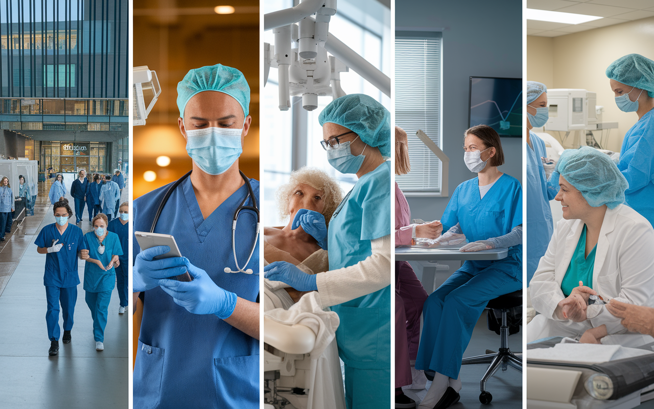 A montage of various healthcare environments featuring a busy urban hospital, a rural clinic, and a private practice. Each scene shows healthcare professionals interacting with diverse patient populations, using different medical technologies. Bright, varied lighting highlights the distinct atmospheres of each setting. The image reflects the versatility and breadth of locum tenens experiences.