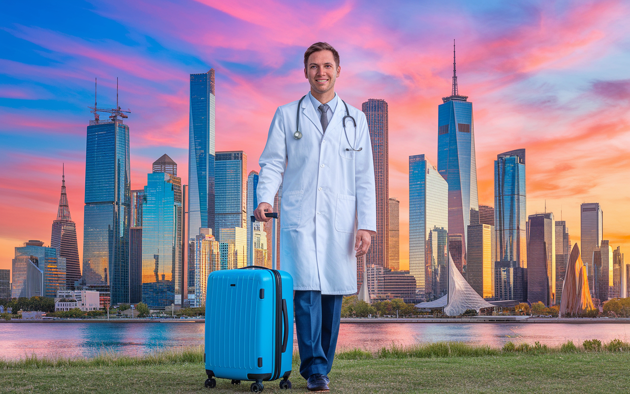 A physician standing in front of a picturesque landscape, suitcase in hand, with the backdrop of various famous landmarks from different cities around the world. The scene captures the spirit of adventure and travel, as vibrant colors enhance the feeling of exploration. The physician looks excited and ready for their next locum tenens assignment.