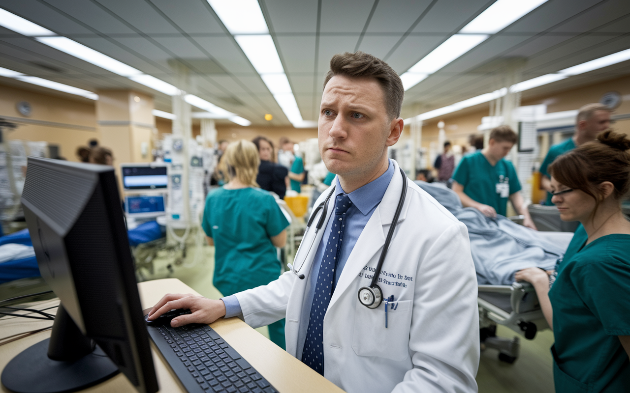 A physician looking slightly puzzled while navigating an Electronic Health Record system on a computer in a busy hospital. The atmosphere reflects a hectic but organized environment, with nurses and techs efficiently attending to patients. Bright overhead lights illuminate the scene, showcasing the challenges of quickly adapting to new protocols in locum tenens work.