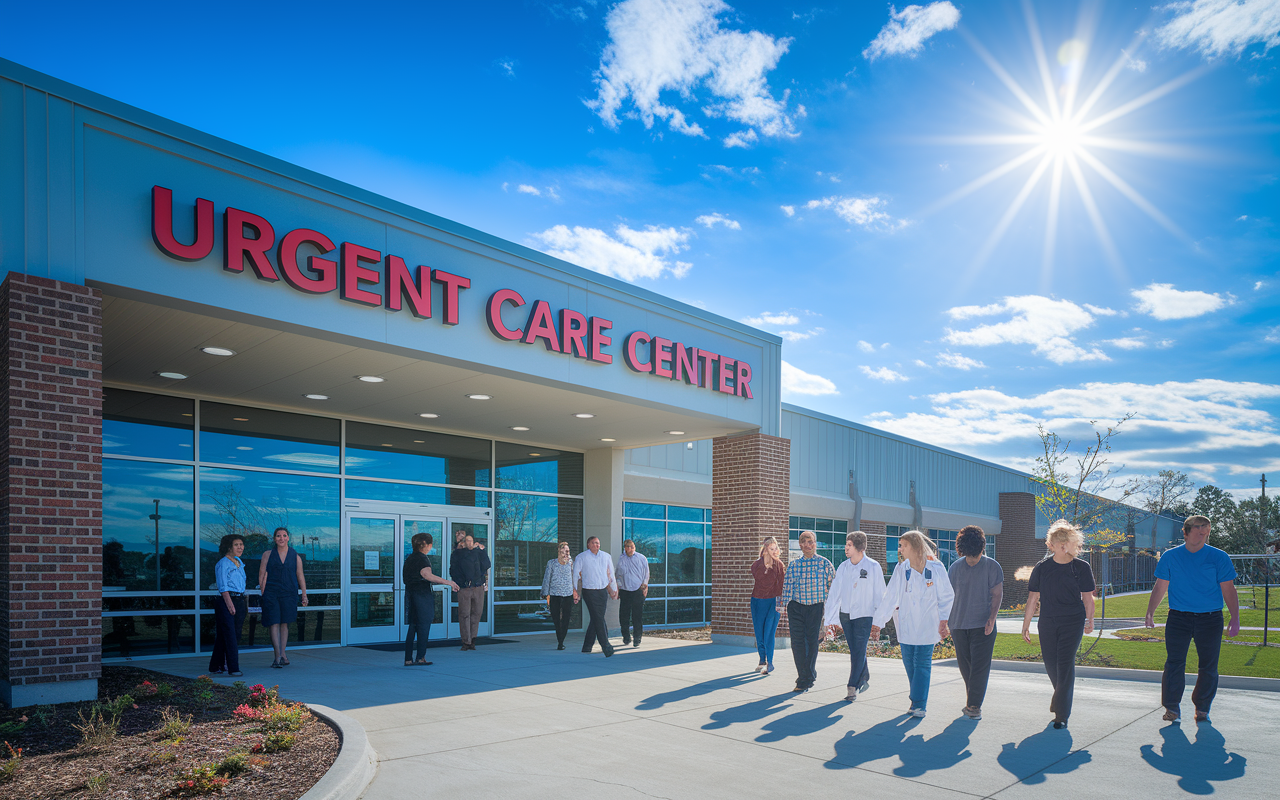 An exterior view of a modern healthcare facility with a welcoming entrance, showcasing a sign that reads 'Urgent Care Center.' People are walking in and out, some greeting each other, creating a sense of community. The sky is bright blue, with sunny sunlight casting lively shadows, providing an inviting atmosphere for healthcare professionals and patients alike.