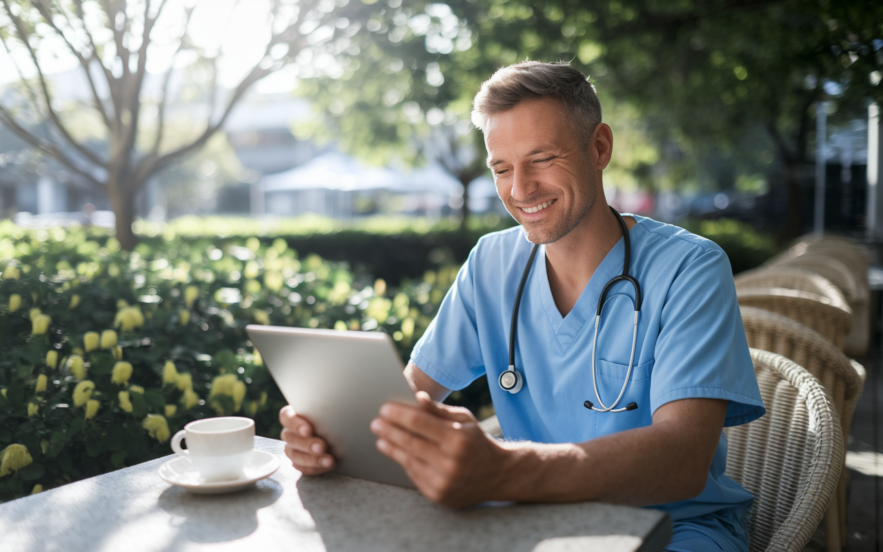 A relaxed physician in scrubs sitting at a beautiful outdoor café, reviewing a schedule on a tablet while enjoying a cup of coffee. The scene shows greenery and sunlight filtering through the trees, symbolizing the freedom and flexibility offered by locum tenens work. Happy expressions and a peaceful ambiance emphasize a stress-free work-life balance.