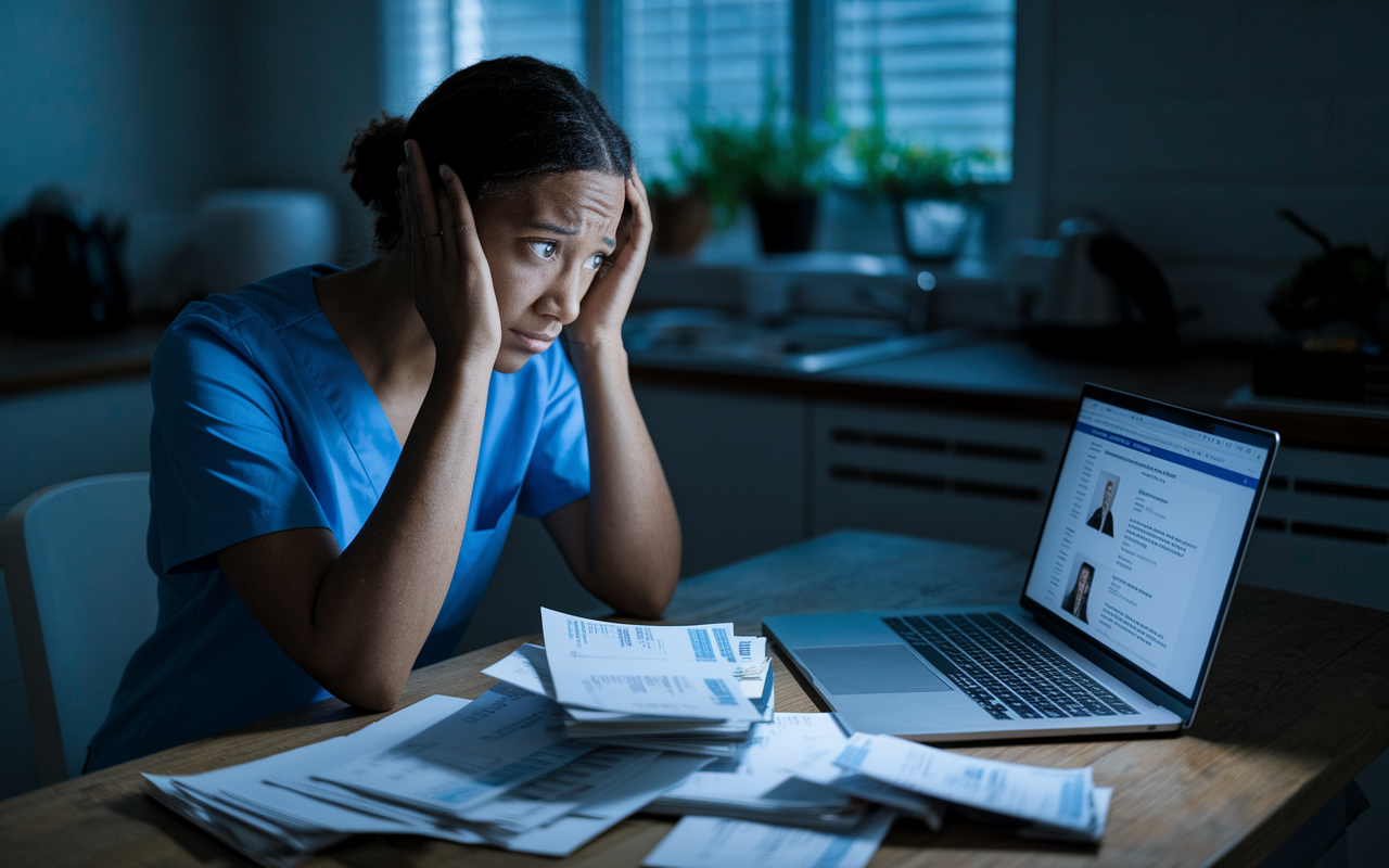 A healthcare provider looking contemplative and concerned while sitting at a kitchen table, staring at a pile of unpaid bills and a laptop displaying job listings. The environment depicts a sense of financial uncertainty with dim lighting and an overall somber atmosphere, symbolizing the stress associated with job instability.