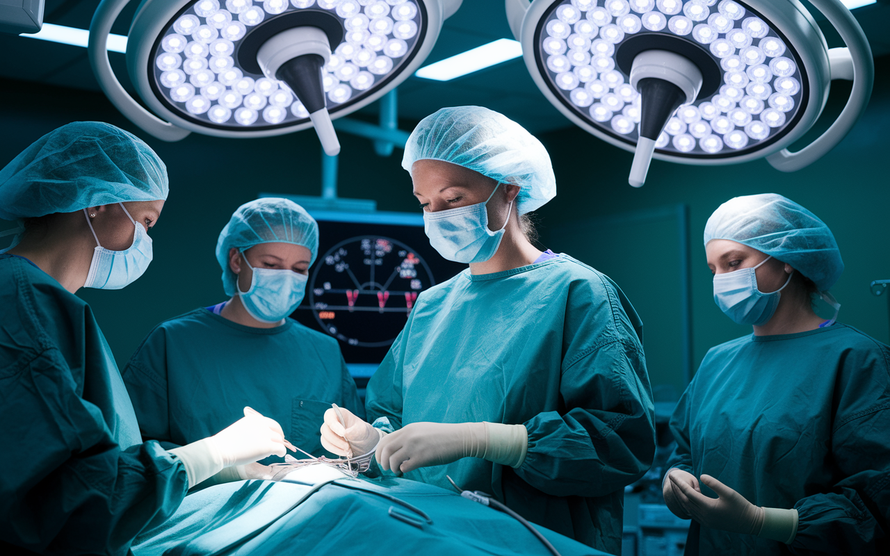 A dynamic scene showing Dr. Sara Thompson, a general surgeon, in an operating room assisting in a surgery. She appears focused and engaged, highlighting her skills and dedication. The room is bustling with a surgical team, filled with bright, sterile lighting, and advanced medical equipment, signifying the demanding yet rewarding nature of her locum tenens work.