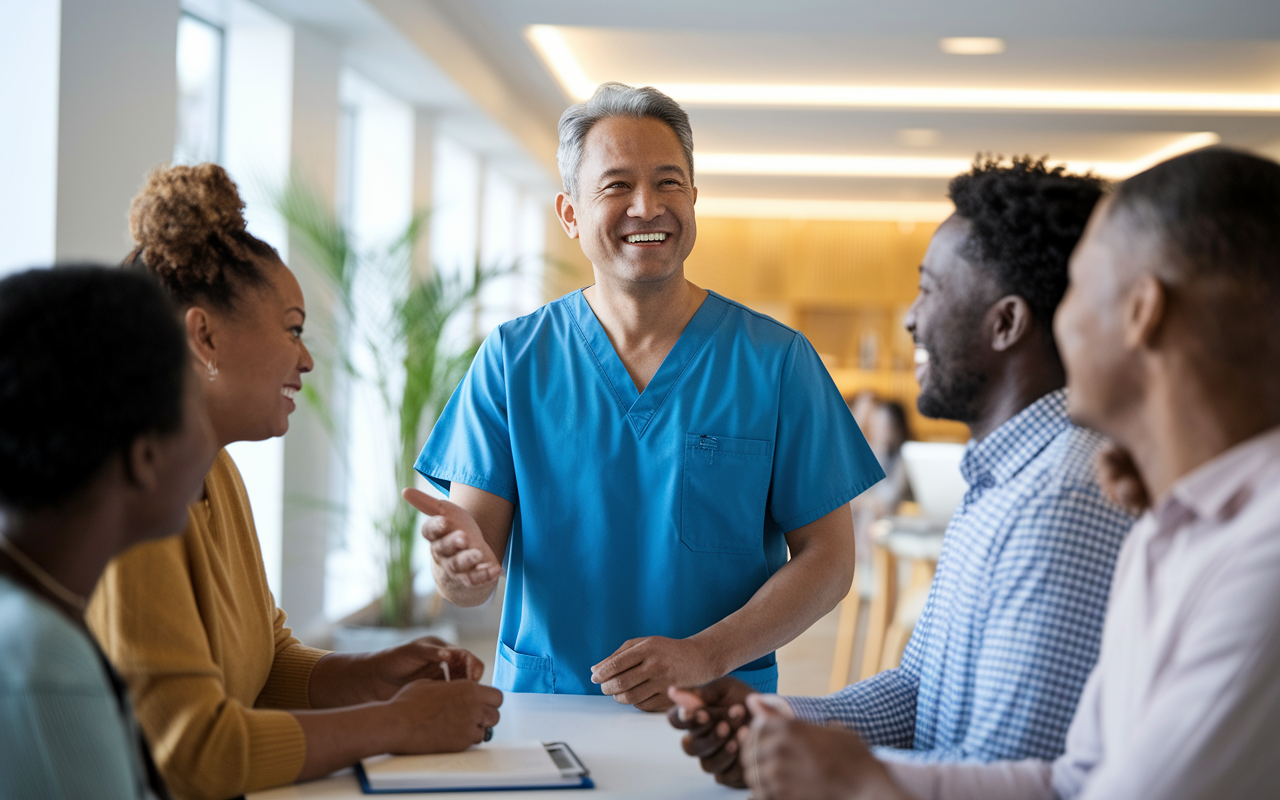 A dynamic scene of a locum tenens physician, a middle-aged South Asian man in scrubs, interacting with a diverse group of patients in a bustling clinic. The setting shows a warm and welcoming atmosphere, bright natural light streaming through large windows, and medical equipment subtly integrated into the background. This image captures the essence of flexibility in practice with a hint of cultural diversity, illustrating the physician's engagement with patients from different backgrounds.