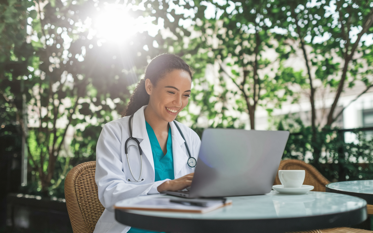 A serene setting featuring a locum tenens physician at a small café, laptop open and coffee in hand, smiling while reviewing medical notes. The sun is shining bright, illuminating the outdoor greenery, symbolizing the freedom and flexibility of the locum tenens lifestyle. The scene conveys a sense of peace and satisfaction, showcasing a perfect balance between work and personal life.