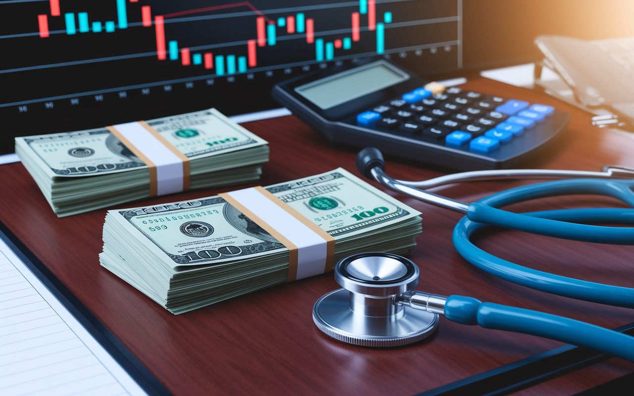 A visual representation of financial benefits with stacks of cash, a calculator, and a doctor's stethoscope on a rich wooden desk. The background shows a chart illustrating upward trends in finances, evoking a sense of prosperity and lucrative opportunities available in locum tenens jobs. Dramatic lighting accentuates the financial tools, creating a hopeful and positive atmosphere.