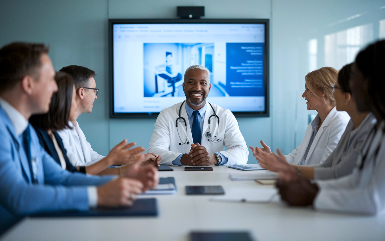 An enthusiastic locum tenens physician seated at a conference table filled with colleagues from diverse backgrounds, engaging in a lively discussion. The modern conference room is equipped with high-tech tools, and a large screen displaying a new medical technology presentation. Soft lighting highlights the expressive faces of the participants, creating an inspiring atmosphere of continuous education and collaboration.