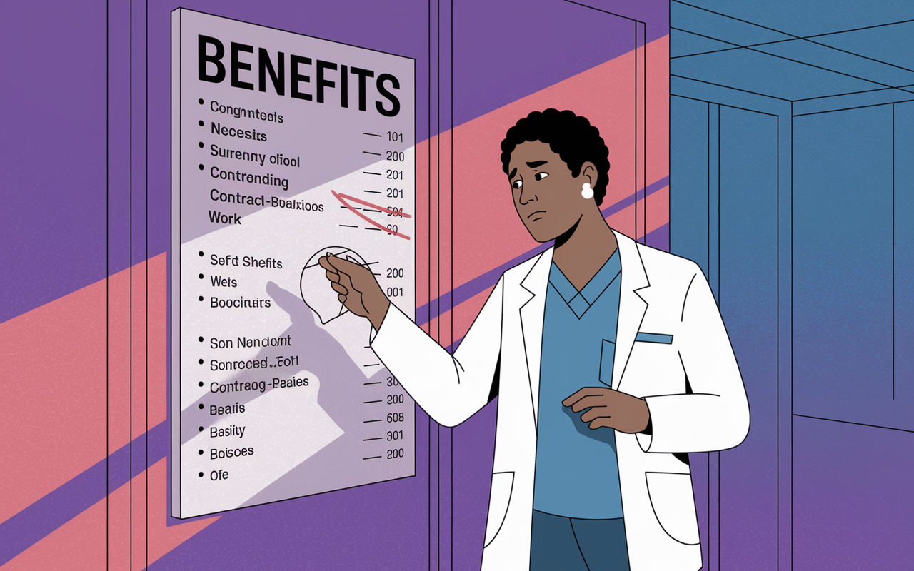 An illustrated scene of a locum tenens physician standing in front of a benefits board in an office, looking concerned as they examine the limited options available. The board lists various benefits with some crossed out, creating a stark contrast to the vibrant colors of the surrounding office, reflecting the uncertain reality of contract-based work. Soft shadows convey a sense of contemplation.