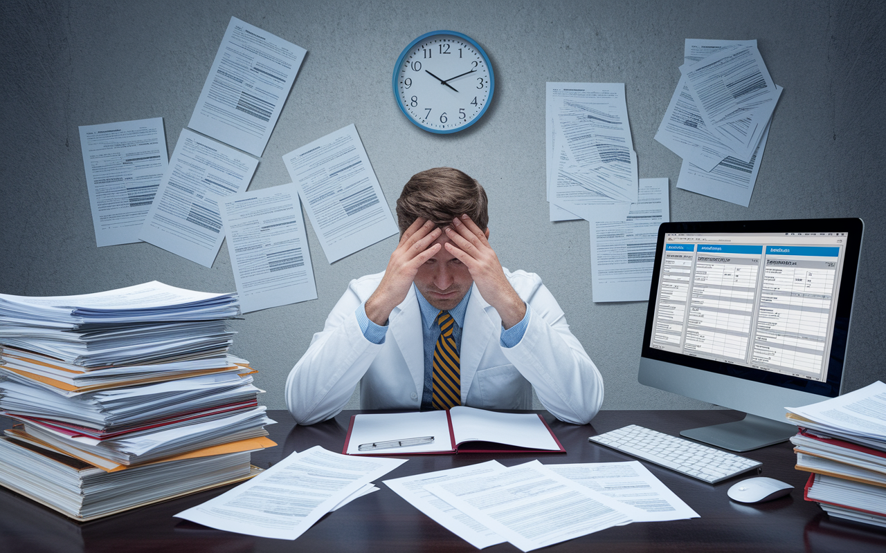 A frustrated locum tenens physician seated at a desk, surrounded by piles of credentialing paperwork and a computer displaying multiple state licensing forms. The clutter and paperwork reflect the daunting and often tedious nature of obtaining necessary credentials. A clock on the wall shows time slipping away, adding a sense of urgency and stress to the environment.