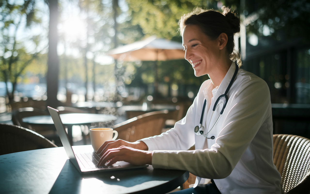 A physician sitting at a picturesque outdoor café, laptop open, enjoying a relaxed working environment. Sunlight filters through the trees, creating a peaceful atmosphere. The physician, in casual attire, smiles while typing, with a steaming mug of coffee beside them. This scene encapsulates the freedom of locum tenens, blending work with life’s pleasures.