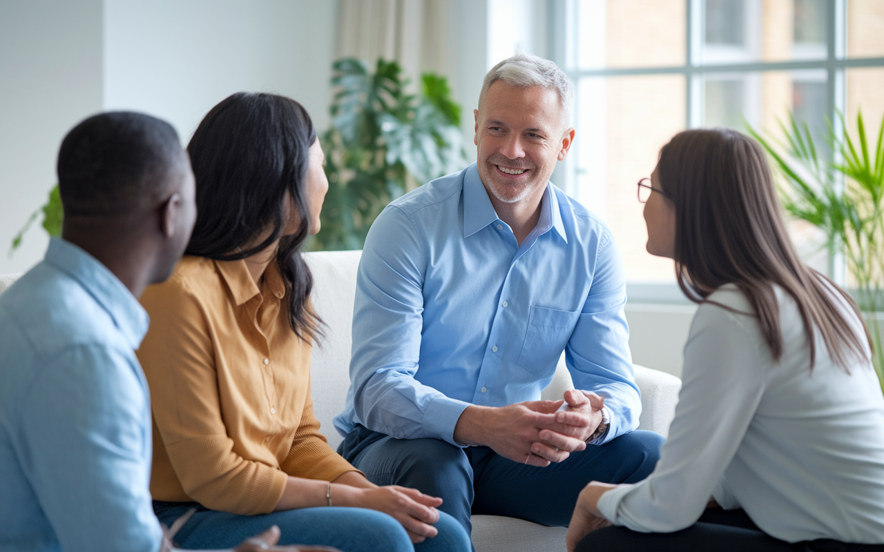 A psychiatrist engaging with a diverse group of patients in two contrasting settings: one in a bustling urban clinic and another in a serene rural practice. The psychiatrist, with a welcoming demeanor, interacts warmly with patients of different backgrounds, symbolizing the valuable insights gained from varied experiences. Bright, natural lighting enhances the inviting atmosphere.