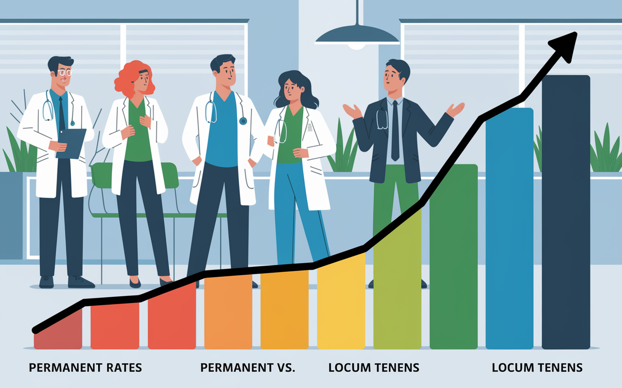 A graphic illustration showing a comparison chart of hourly rates for permanent vs. locum tenens positions in a bright medical office setting. The locum tenens rate is significantly higher, depicted with bold colors and upward trends. The background features a focused group of healthcare professionals discussing career options, embodying ambition and opportunity.